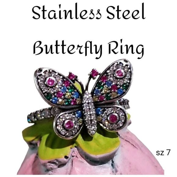 Colorful Crystal Stainless Steel Butterfly Ring sz 7 NEW - Picture 1 of 8